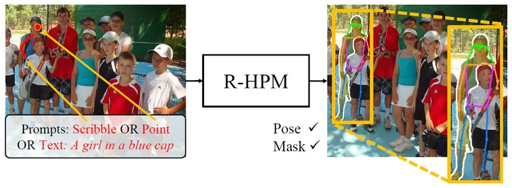 R-HPM predicts pose and mask for the person referred to by text, scribble or point prompts